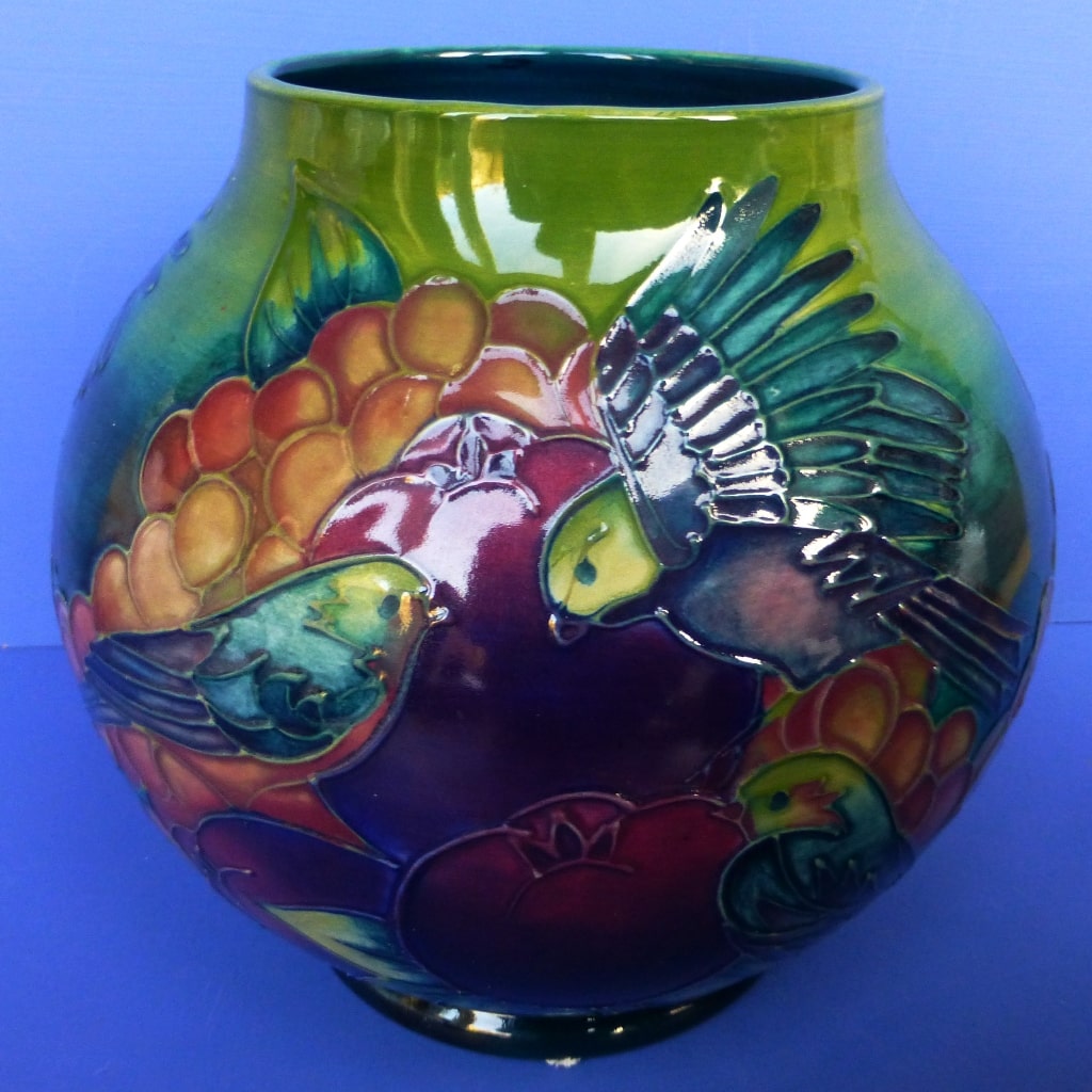 Moorcroft Large Vase Finches (Green) By Sally Tuffin Peak Antiques and Collectables