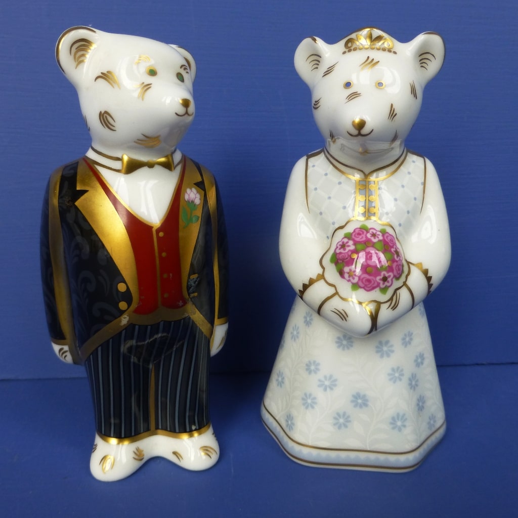 Royal Crown Derby Miniature Teddy Bears Bride and Groom Boxed Peak Antiques and Collectables